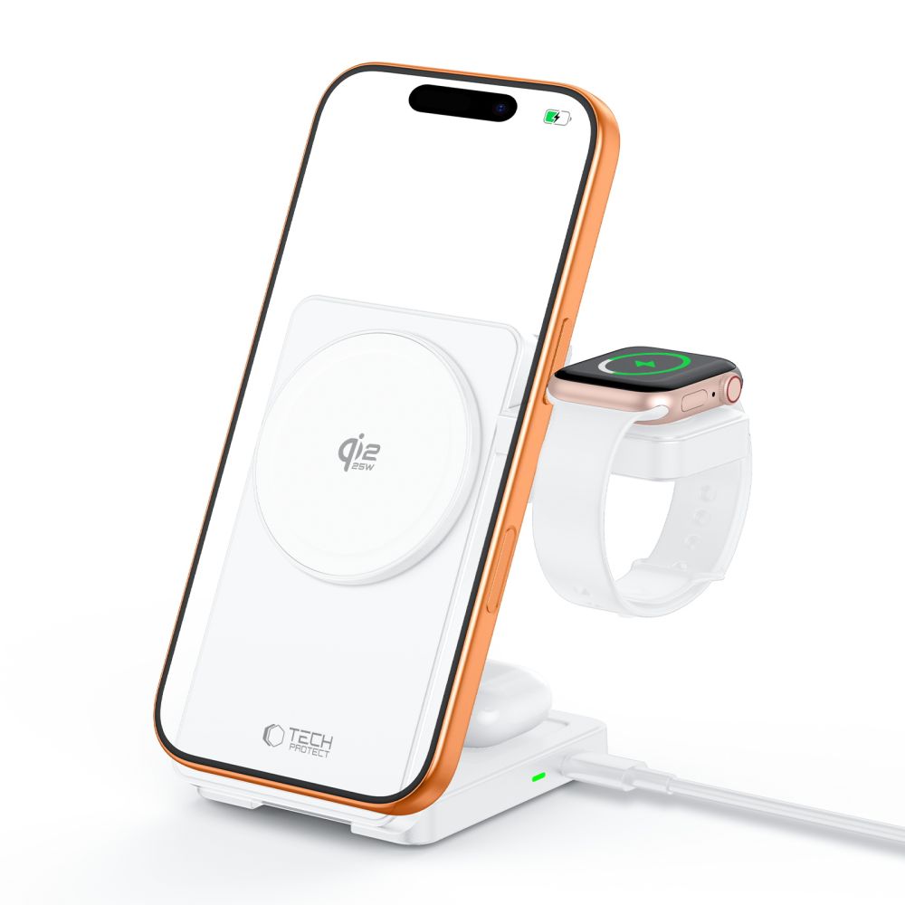 Tech Protect A56 3 I 1 Magnetisk Magsafe Trådløs Oplader 25 W Qi2.2 Hvid