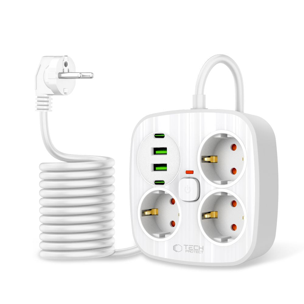 Tech Protect Pcs3 X4 Stødskinne 2 Usb & 2 Type C & 3 Stikkontakter 200 Cm Hvid