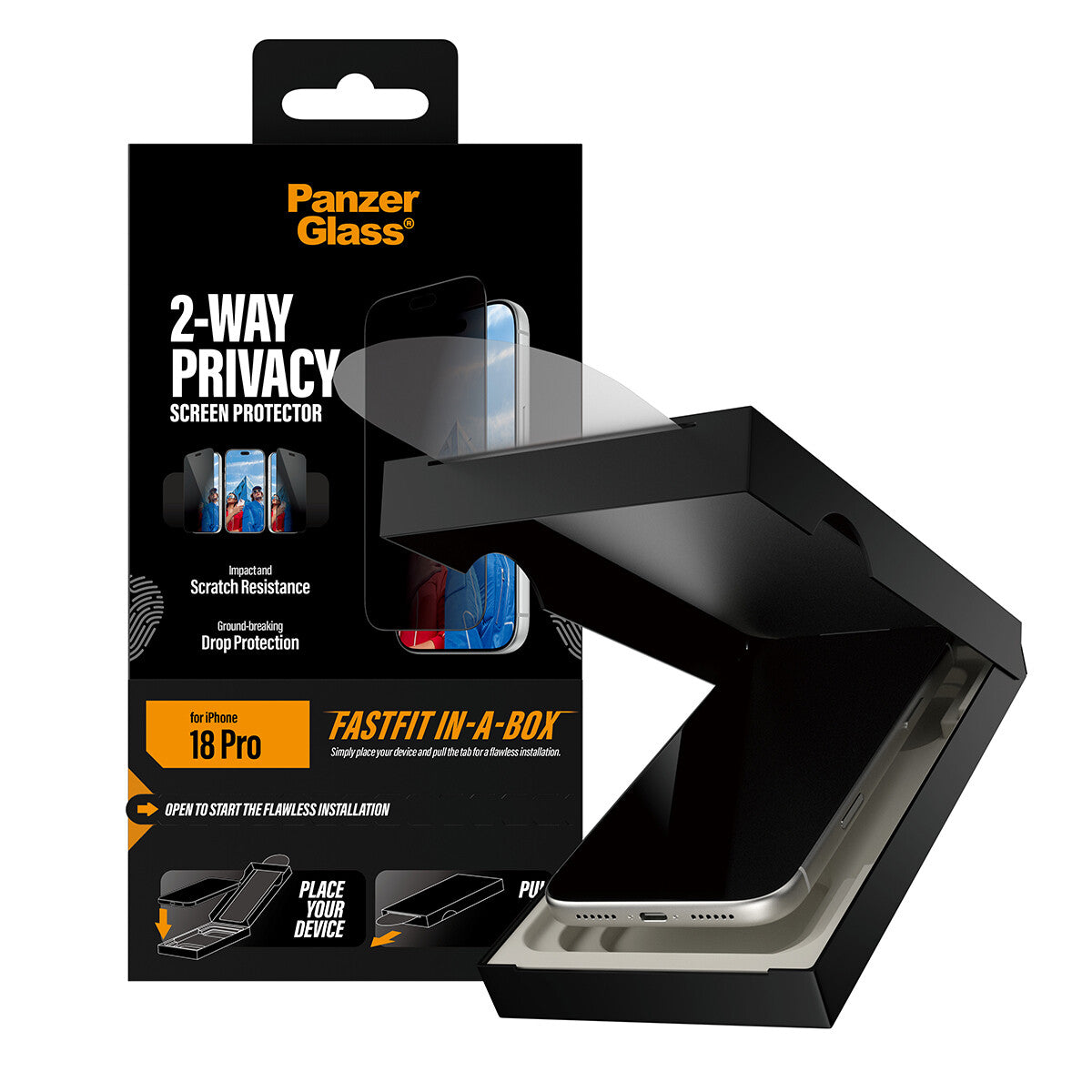 PanzerGlass ® 2-Way Privacy Skærmbeskyttelse iPhone 18 Pro | Ultra-Wide Fit m. FASTFIT IN-A-BOX