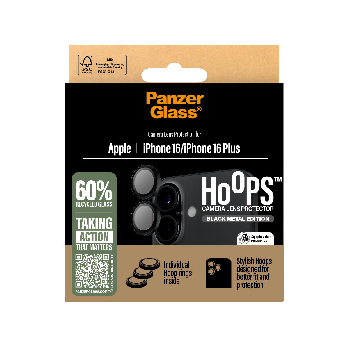 PanzerGlass ® Hoops® Sort Kameralinsebeskytter iPhone 16 | 16 Plus