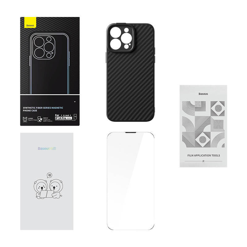 Magnetisk Case Baseus Syntetisk Fiber Series til iPhone 14 Pro (sort) + hærdet glas + rengøring kit