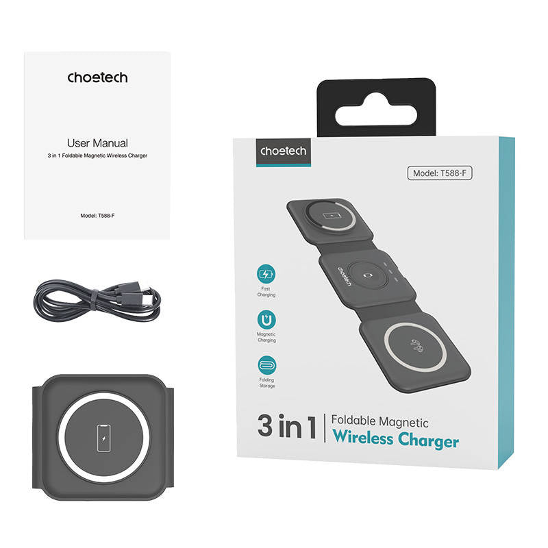 Choetech T588-F 3in1 magnetisk trådløs oplader 15W (sort)
