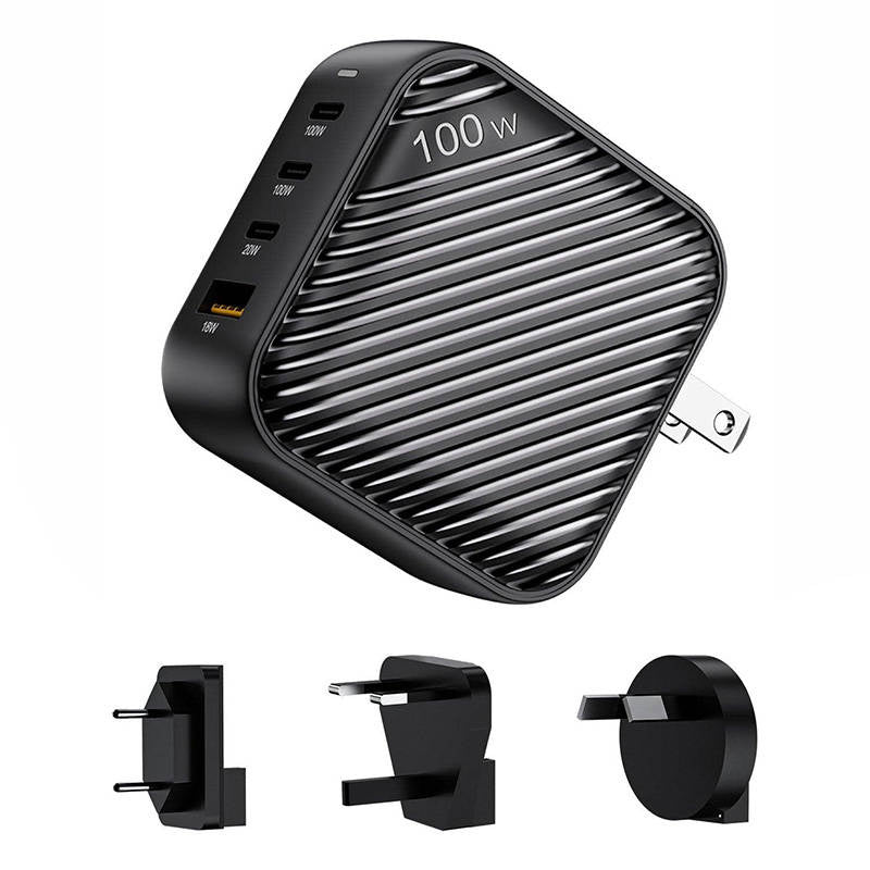 INVZI GanHub 3x USB-C + USB vægoplader, 100W, EU/UK/AU/US (sort)