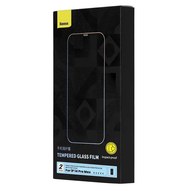 Privacy temperet glas Baseus Iphone 14 Pro Max (2 stykker) med 2 rengøringssæt og støvsikret installationsværktøj