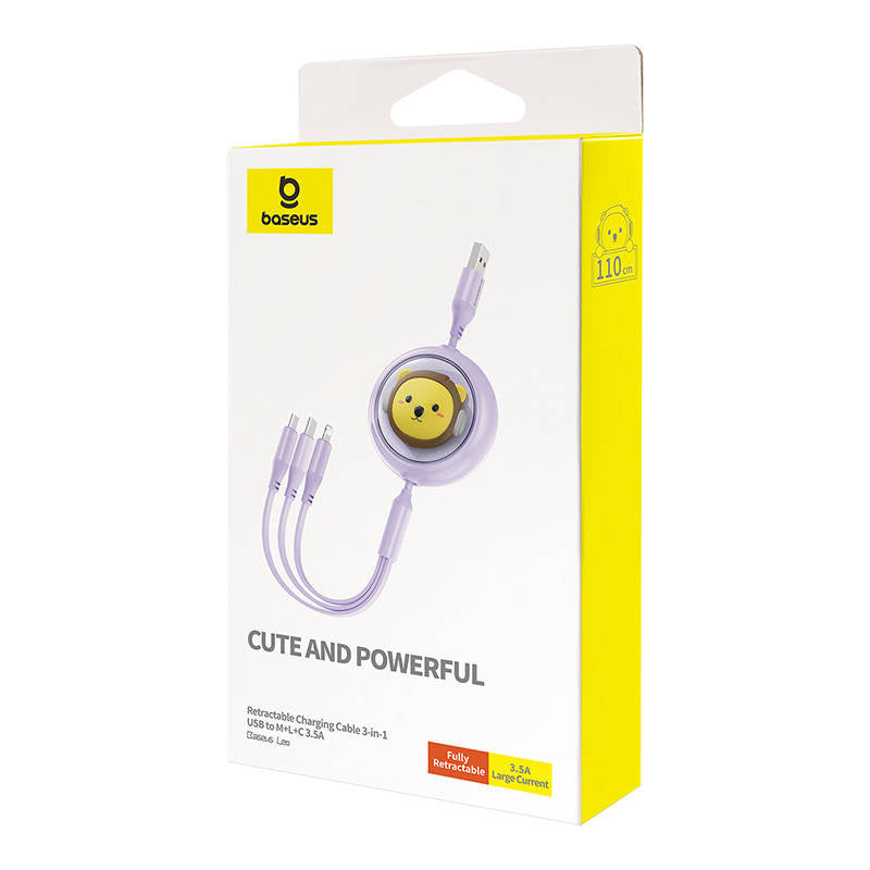 Opladningskabel 3w1 Baseus USB til USB-C, USB-M, Lightning 3,5A, 1,1m (lila)