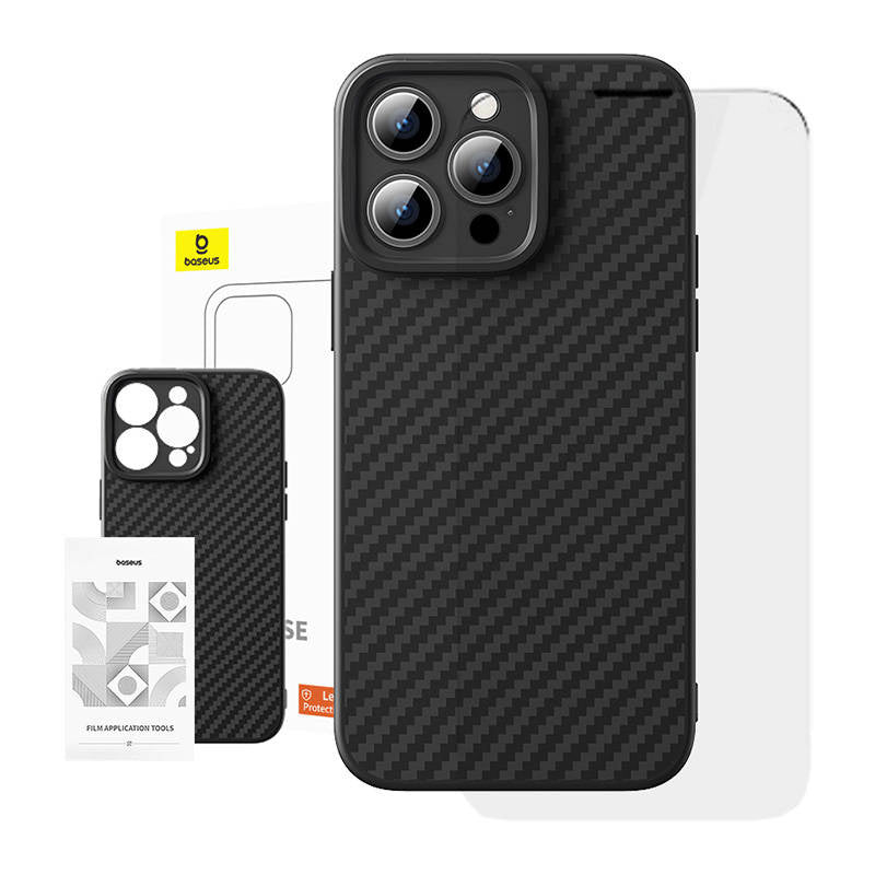 Caseus Baseus Syntetisk Fiber iPhone 15 Pro + hærdet glas