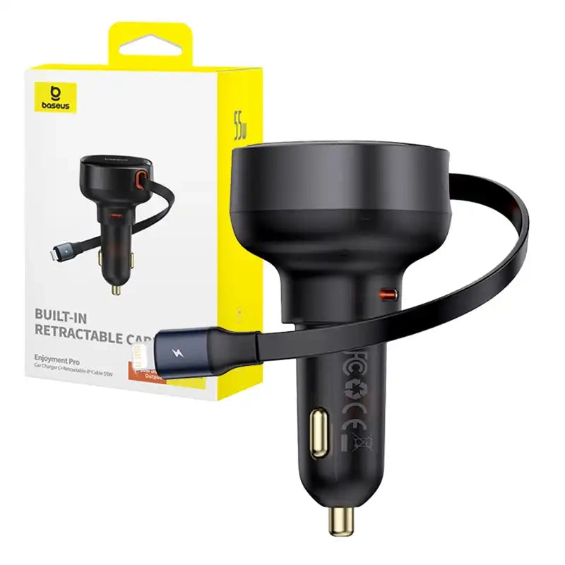 Biloplader Baseus Enjoyment Pro med lynkabel + USB-C, 55W (sort)