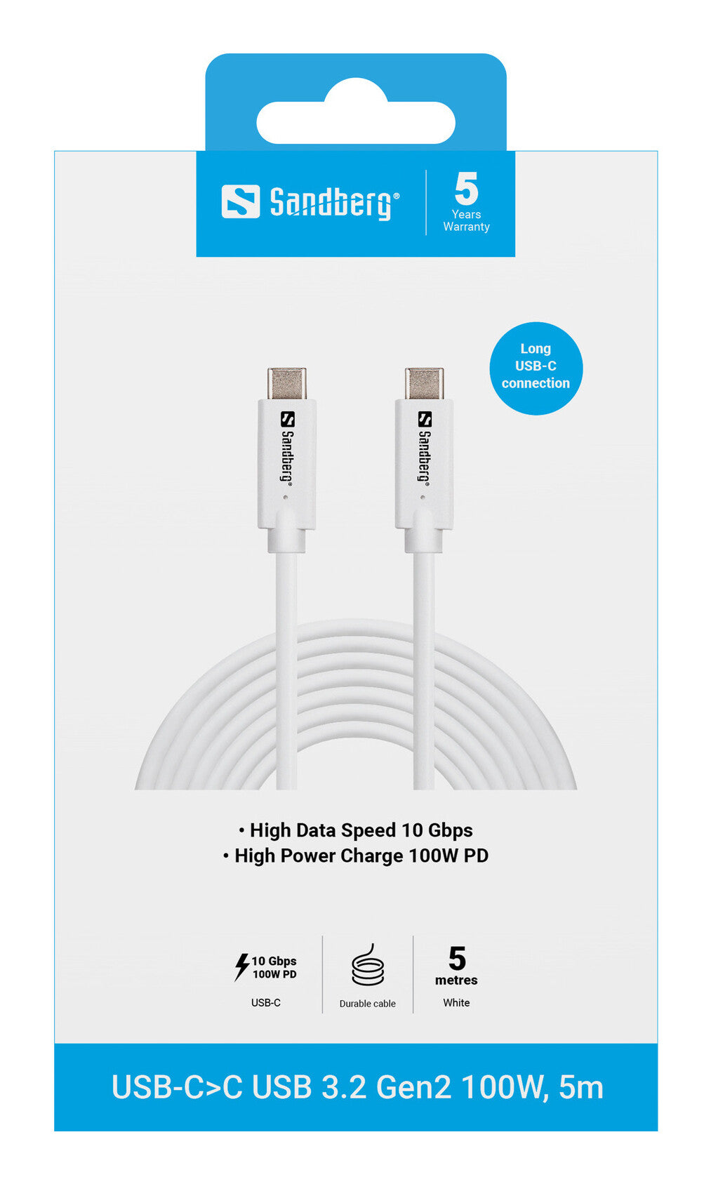 Sandberg 136-76 USB-kabel USB 3.2 Gen 2 (3.1 Gen 2) 5 m USB C 10 Gbit/sek. 100 W Hvid
