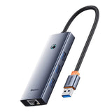 Hubus Base UltraJoy Series Lite 4-Port (USB til USB 3.0*3+RJ45*1+USB-C 5V) (grå)