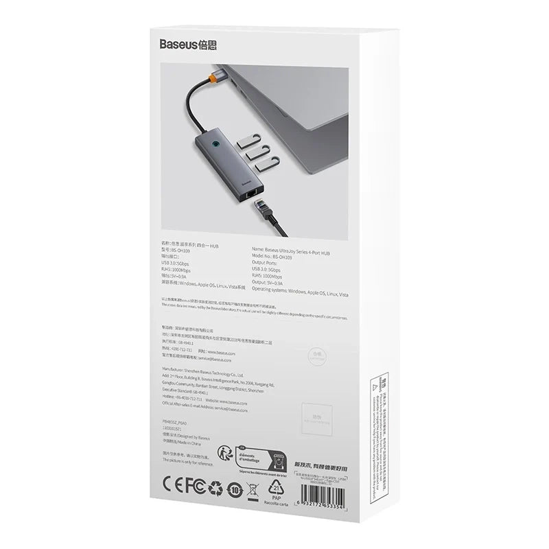 Hubus Base UltraJoy Series Lite 4-Port (USB til USB 3.0*3+RJ45*1+USB-C 5V) (grå)