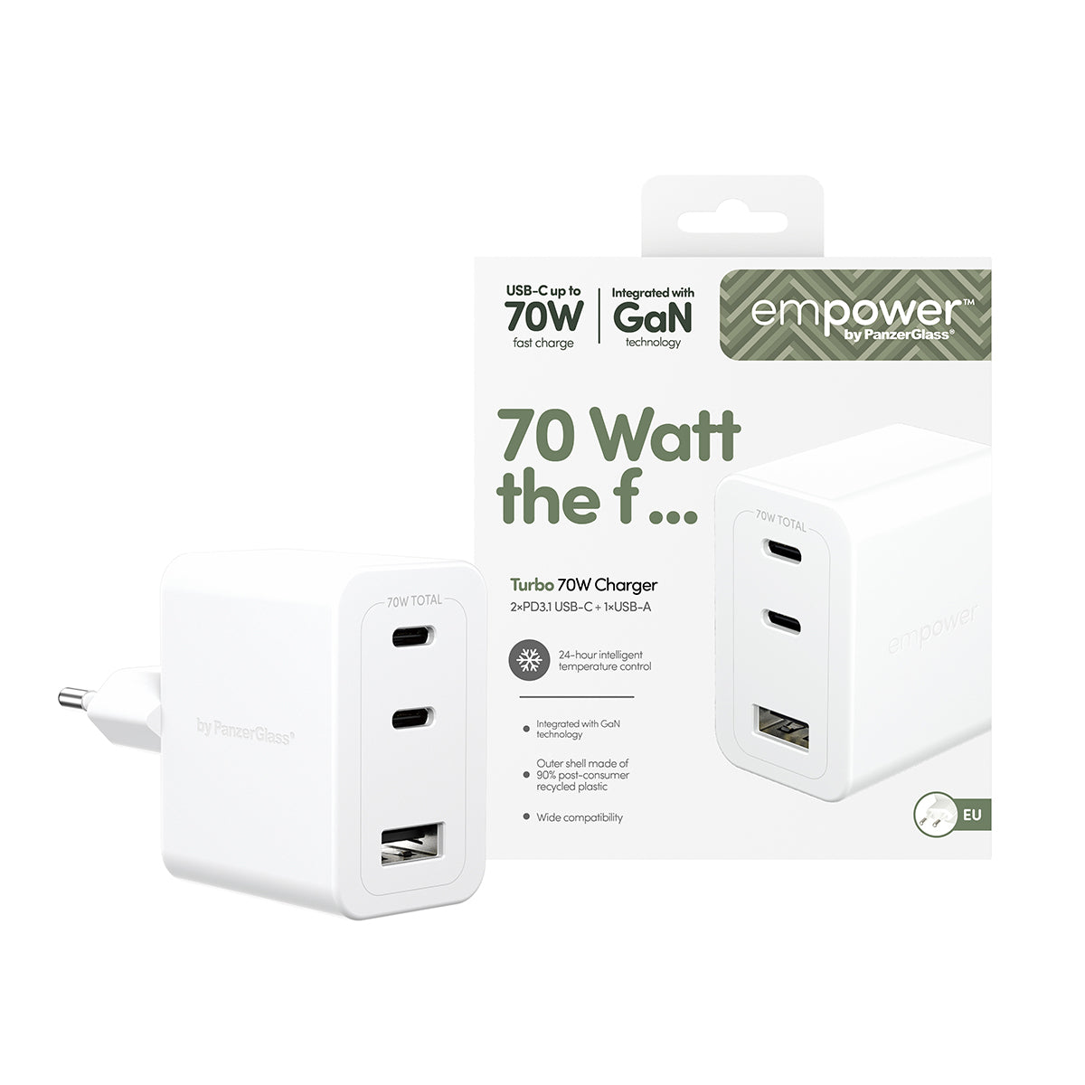 PanzerGlass empower by ® Turbo 70W Multiple Oplader inkl. 2 x USB-C + USB-A | EU Stik | Silver White