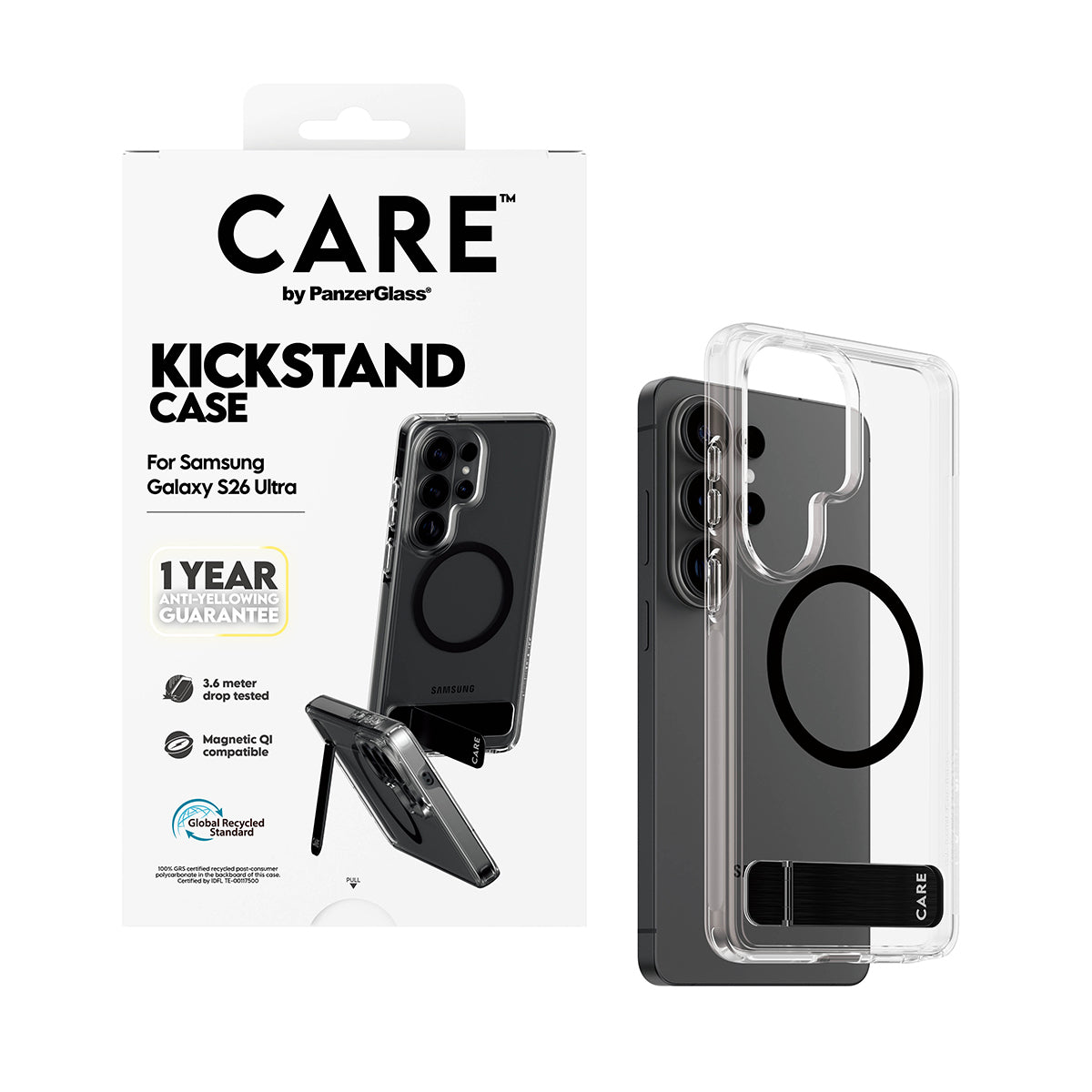 CARE by PanzerGlass Urban Explorer Case Transparent w. Black Kickstand & Qi Samsung Galaxy S26 Ultra