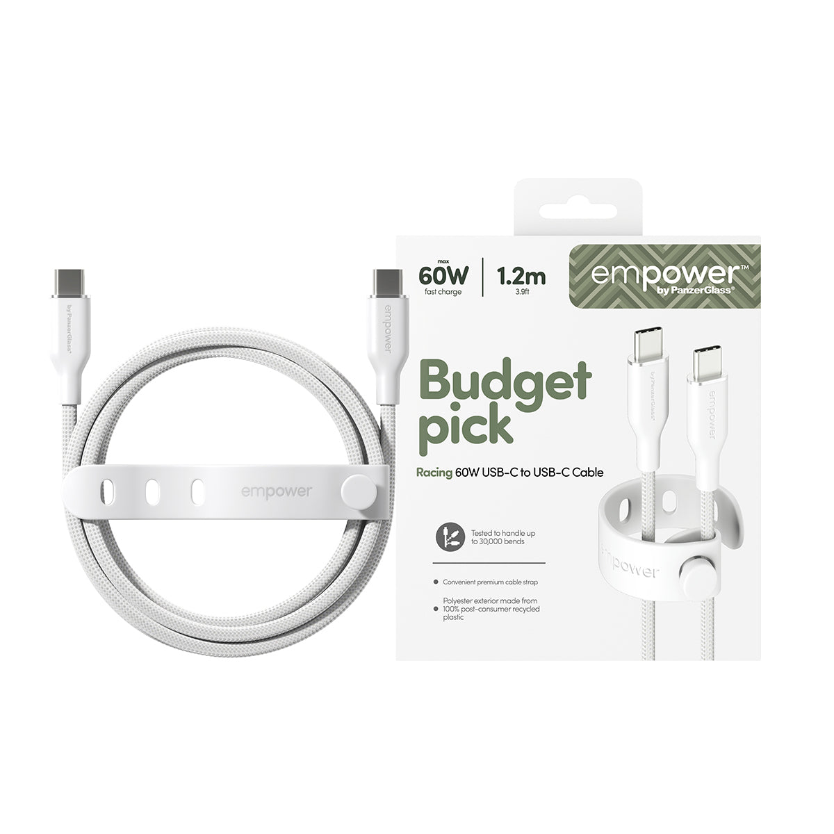 PanzerGlass empower by ® Racing 60W USB-C to USB-C Kabel | USB 2.0 | 1.2M | Silver White