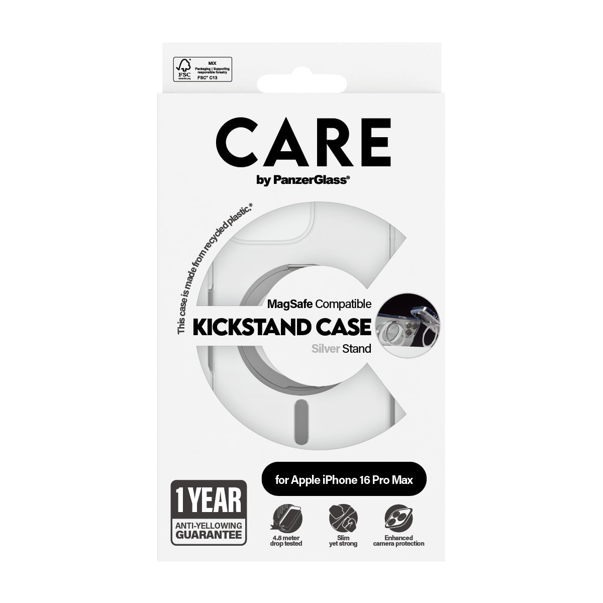 PanzerGlass CARE by ® Feature Case Transparent m. Sølv Kickstand & MagSafe iPhone 16 Pro Max
