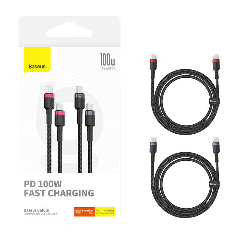 Cable Baseus Cafule USB-C til USB-C 100W,2m, 2psc (rød sort, grå sort)
