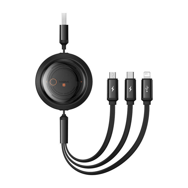 Hurtig opladningskabel 3in1 Baseus Free2Draw, USB til mikro USB+USB-C+Lightning, 3,5 A, 1,1 m (sort)