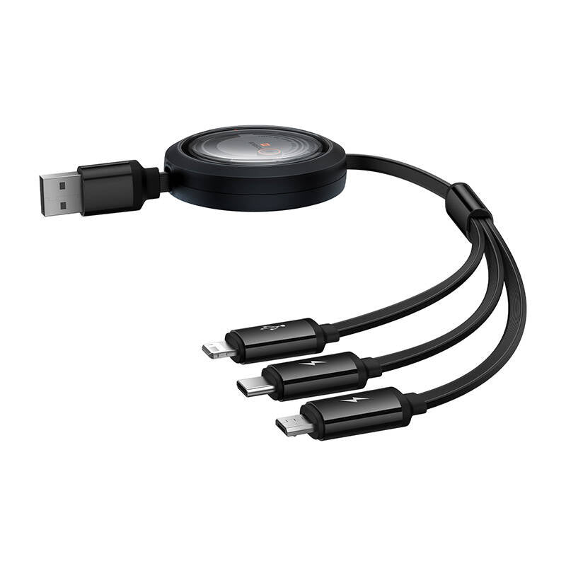 Hurtig opladningskabel 3in1 Baseus Free2Draw, USB til mikro USB+USB-C+Lightning, 3,5 A, 1,1 m (sort)