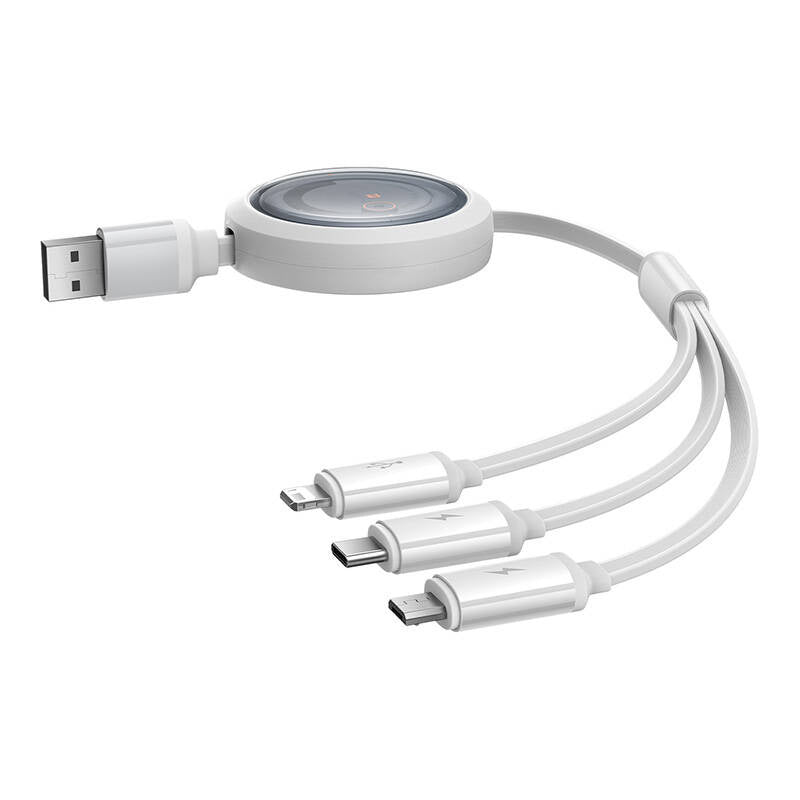 Hurtig opladningskabel 3in1 Baseus Free2Draw, USB til mikro USB+USB-C+Lightning, 3,5 A, 1,1 m (hvid)