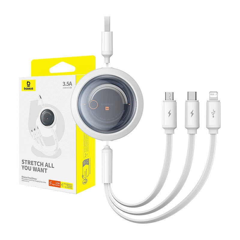 Hurtig opladningskabel 3in1 Baseus Free2Draw, USB til mikro USB+USB-C+Lightning, 3,5 A, 1,1 m (hvid)