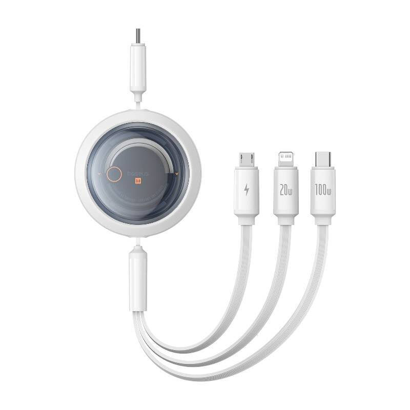 Hurtig opladningskabel 3in1 Baseus Free2Draw USB-C til USB-C/Lightning/Micro 100W, 1,1m (hvid)