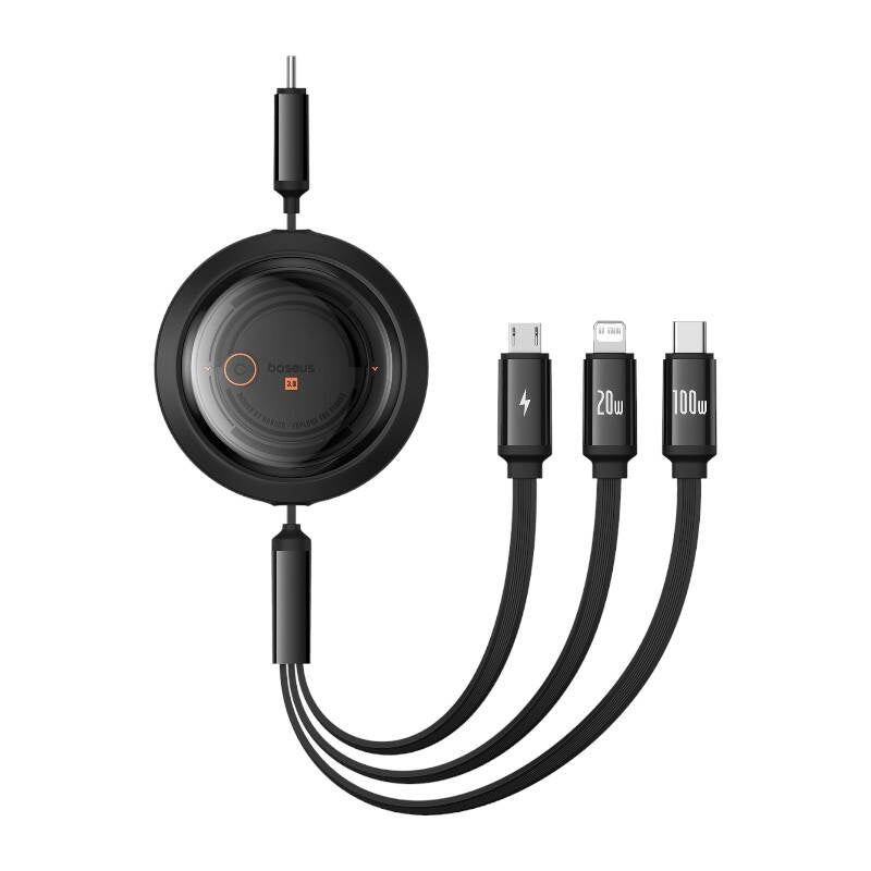 Hurtig opladningskabel 3in1 Baseus Free2Draw USB-C til USB-C/Lightning/Micro 100W, 1,1m (sort)