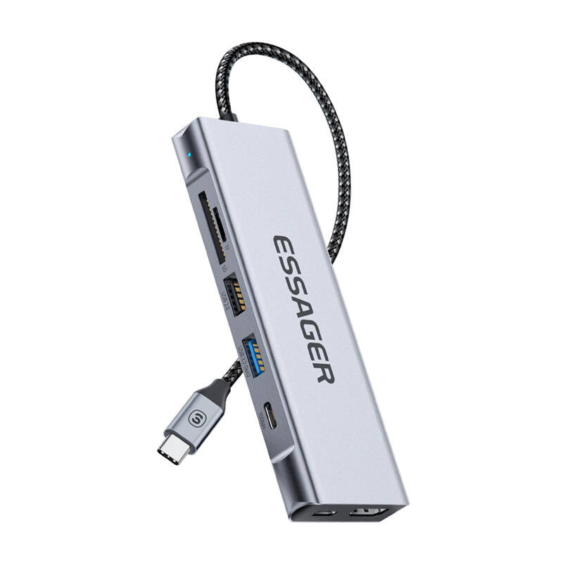 Docking Station, Essager, EHB08-QK0G-Z, HDMI, 2xUSB-A, SD-kort, TF-kort (grå)
