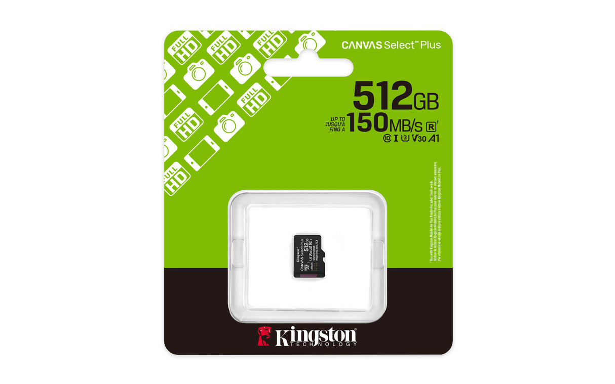 Kingston Technology 512 GB micSDXC Canvas Select Plus Gen3 150R A1, enkelt pakke uden ADP