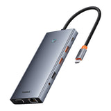 13 Hubin1 Baseus PortalJoy USB-C til HDMI+DP+VGA+C+USB+PD+RJ45+SD/TF+3.5mm (grå)