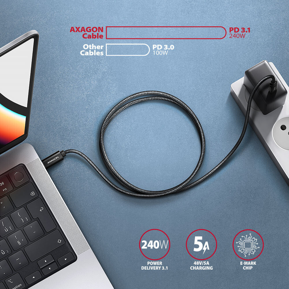 Axagon BUCM2-CM10AB Ladekabel, USB-C zu USB-C 2.0, 1 m, PD 240 W 5 A, ALU - Schwarz - 1 Meter langes USB-C zu USB-C Kabel - Daten- und Ladefähig USB-kabel USB 2.0 USB C 0,48 Gbit/sek. Sort