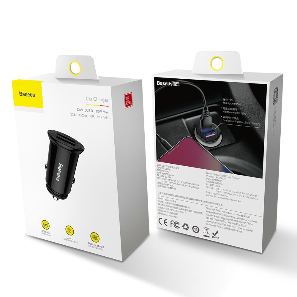 Baseus Circular smart biloplader 2x USB QC3.0 Hurtig opladning 3.0 SCP AFC 30W sort (CCALL-YD01)