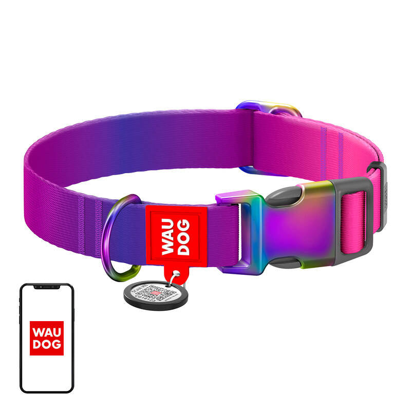 Waudog gradient nylon hundehalsbånd med QR-kode, lilla, størrelse L