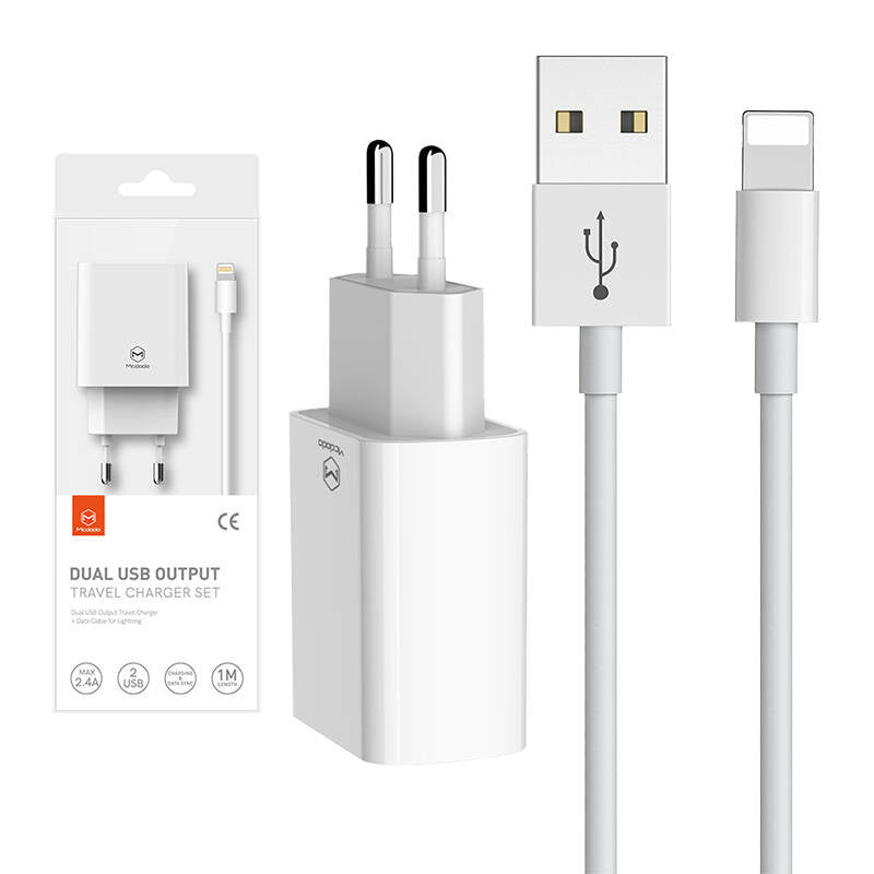 Dual USB-oplader Mcdodo CH-6720 (EU) Lightning 1m Rejsesæt (hvid)