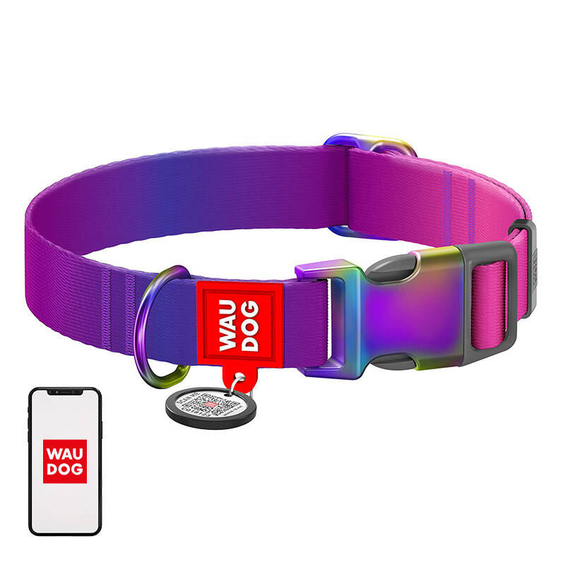 Hundehalsbånd af nylon med QR-kode WAUDOG 15 mm bredt, 25-35 cm langt lilla