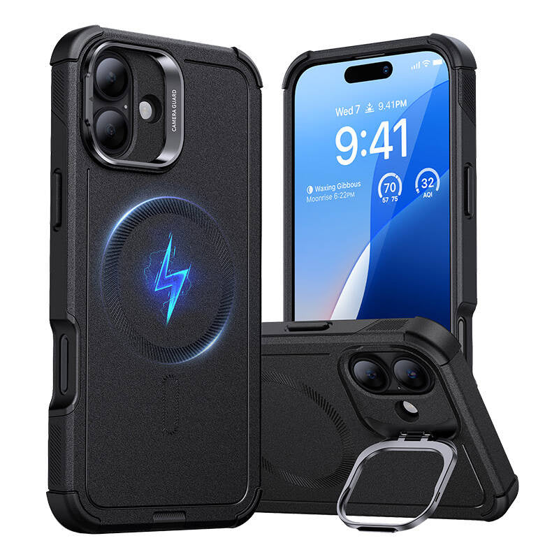 Cyber Tough (HaloLock) ESR-fodtøj med stativ til iPhone 16 Plus (sort)