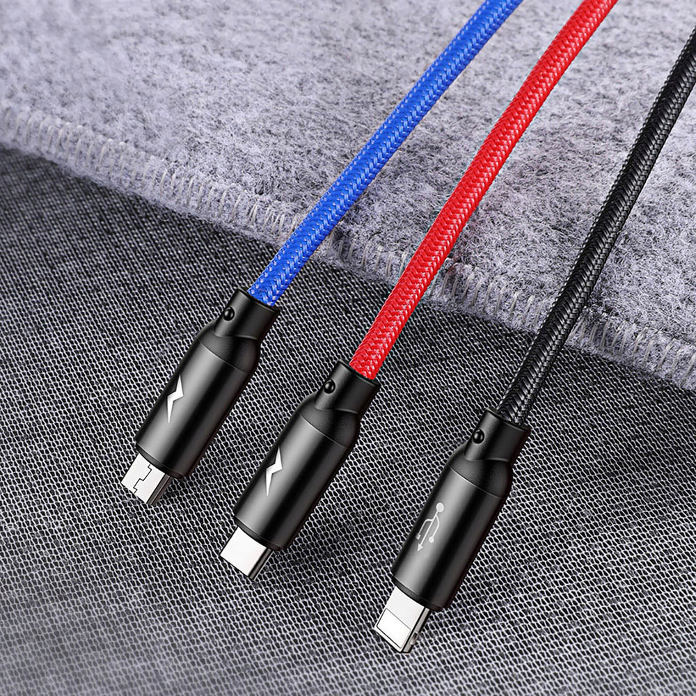 Baseus Tre Primærfarver 3in1 USB-A - mikro USB / Lightning / USB-C 3.5A kabel 1,2 m - sort