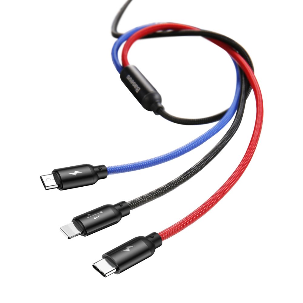 Baseus Tre Primærfarver 3in1 USB-A - mikro USB / Lightning / USB-C 3.5A kabel 1,2 m - sort