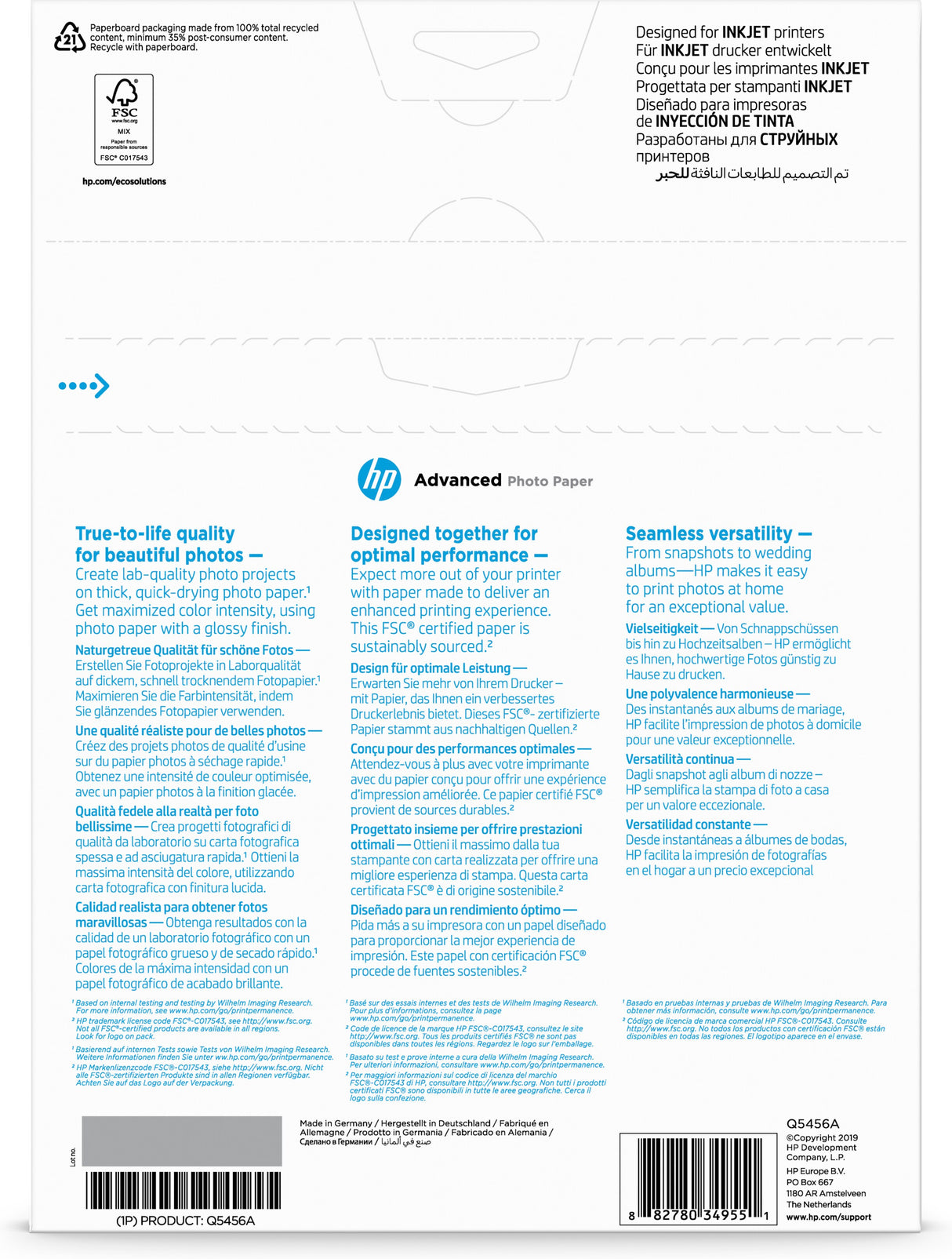 HP Advanced-fotopapir, blankt, 250 g/m2, A4 (210 x 297 mm), 25 ark