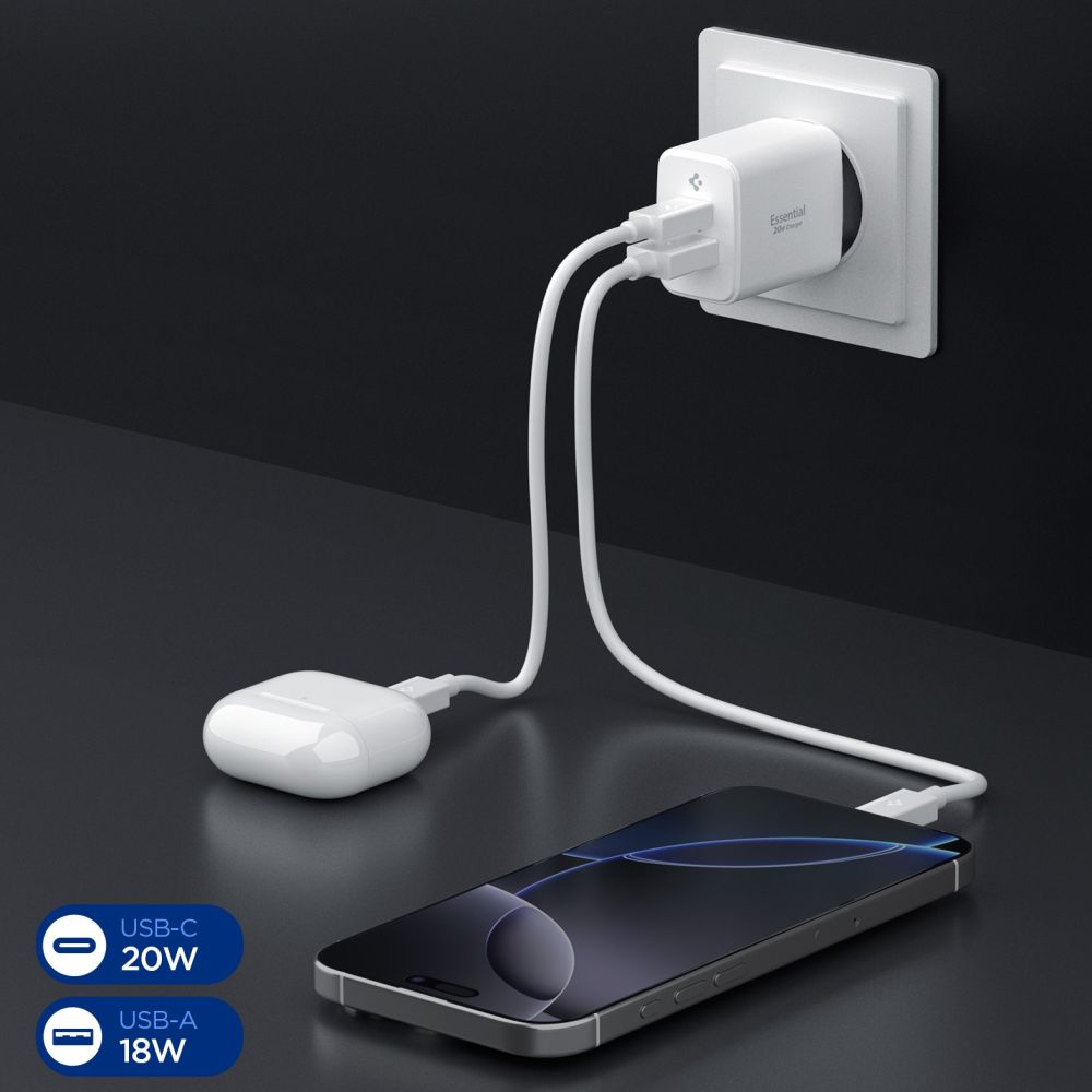 Spigen Essential Ee202 Eu 2 Ports Netværksopladder 20 W Hvid