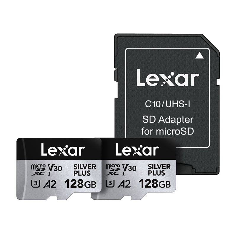 Sæt af 2 Lexar High-Performance Silver Plus microSDXC 2x128GB hukommelseskort + adapter