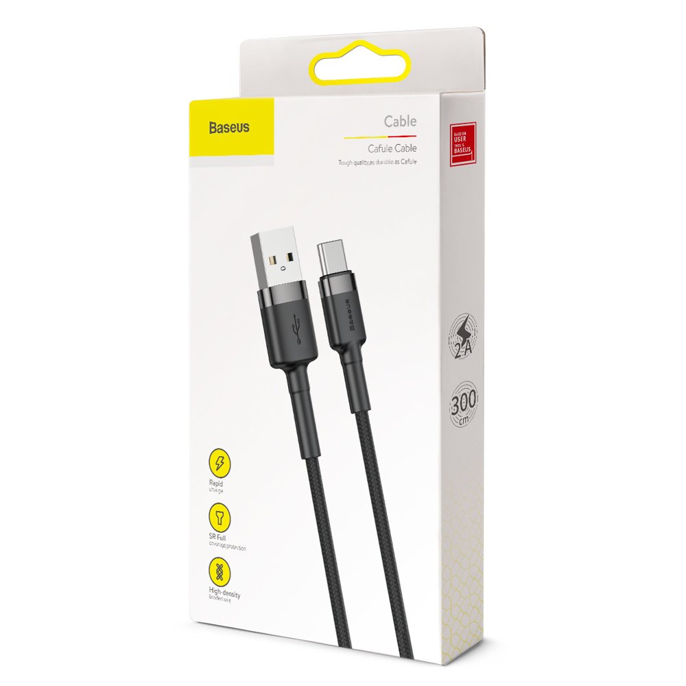 Baseus Cafule Kabel USB-A / USB-C QC3.0 2A 3m - Grå-Sort