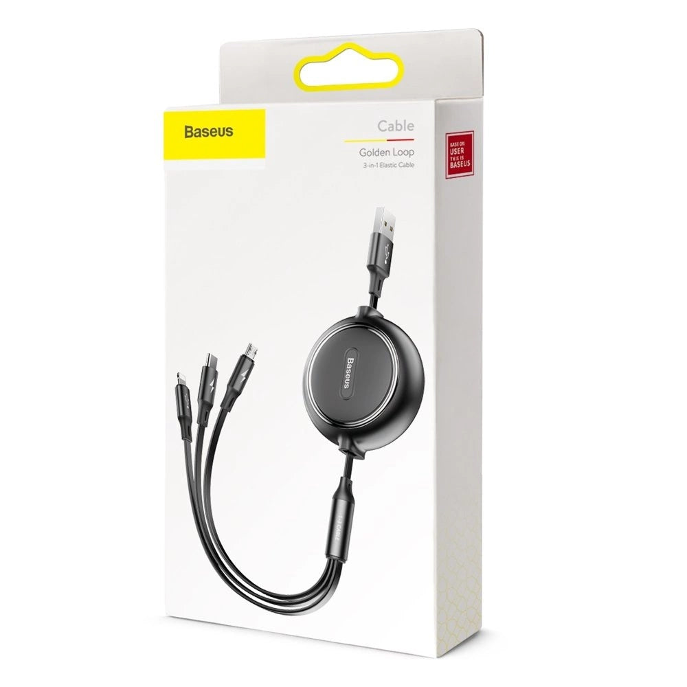Baseus Golden Loop 3in1 forlænget kabel USB - micro USB / Lightning / USB-C 3.5A 35cm - 120cm sort (CAMLT-JH01)