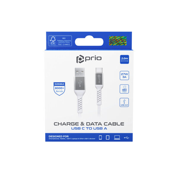 prio Charge &amp; Data Cable USB-C til USB-A 2,0 m Hvid