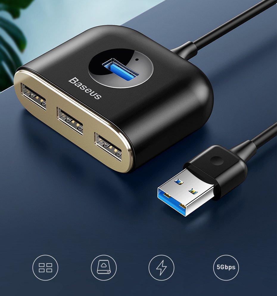 HUB Baseus Square USB-A to 1x USB-A 3.2 Gen 1 / 3x USB 2.0 with 1m cable - black