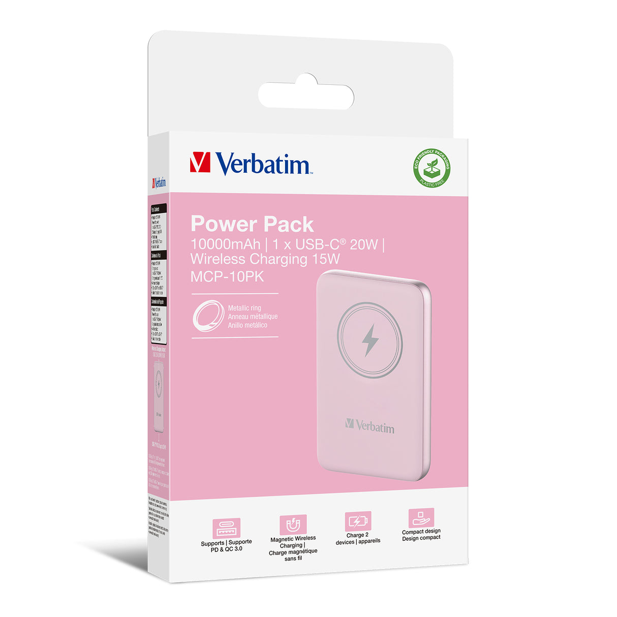 Verbatim Charge 'n' Go Lithium polymer (LiPo) 10000 mAh Trådløs opladning Lyserød