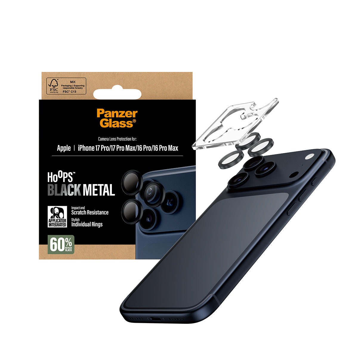 PanzerGlass ® Hoops® Sort Kameralinsebeskytter iPhone 17 Pro | iPhone 17 Pro Max | iPhone 16 Pro | 16 Pro Max