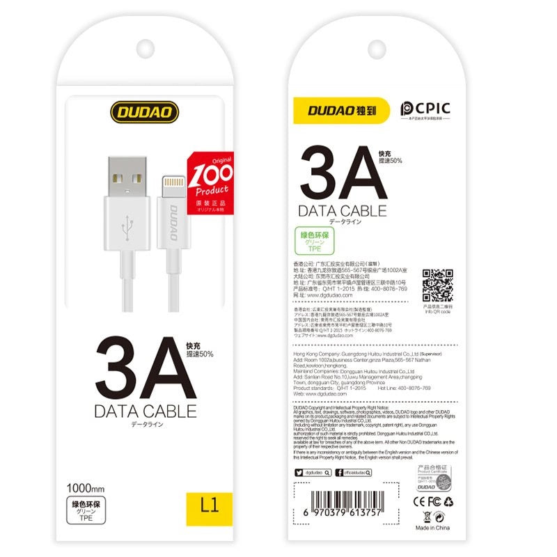 Dudao kabel USB / Lightning 3A 1m hvid (L1L hvid)