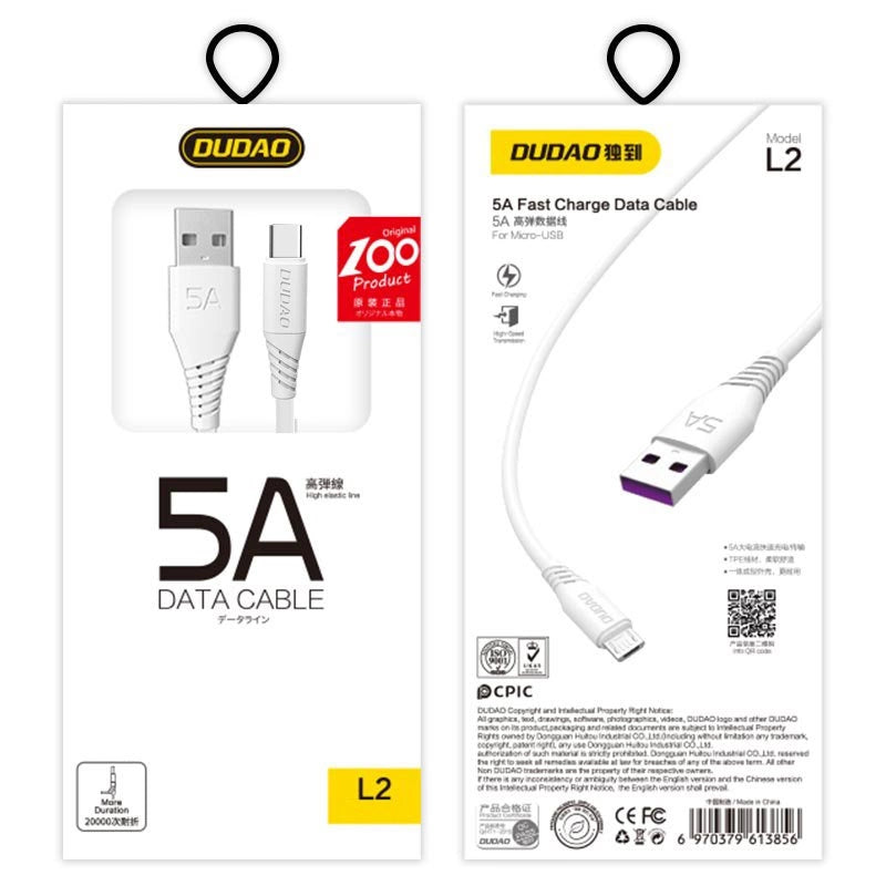 Dudao kabel USB / USB Type C 5A kabel 2m hvid (L2T 2m hvid)