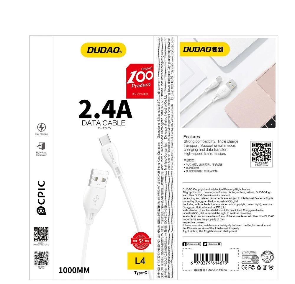 Dudao kabel USB / Lightning kabel 2.4A 1m hvid (L4L 1m hvid)