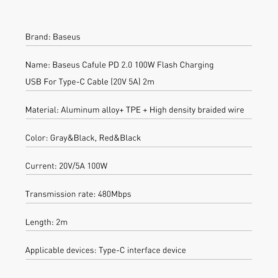 Baseus CATKLF-AL91 USB-C - USB-C PD QC kabel 100W 5A 480Mb/s 2m - sort og rød
