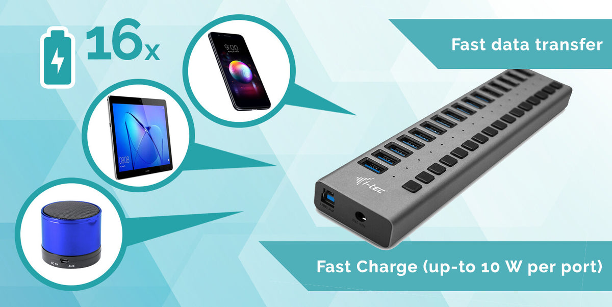 i-Tec USB 3.0 Charging HUB 16 port + Power Adapter 90 W Grå